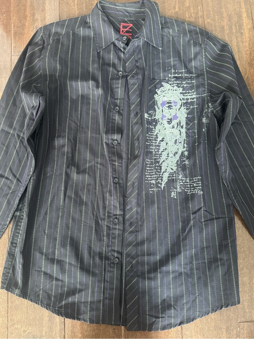 Men's Black Pinstripe Button-Up Shirt with Graphic Detail